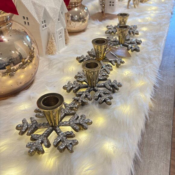 Holiday Gold Brass Metal 5 Taper Candelabra Centerpiece Snowflakes Rhinestone - Picture 4 of 9